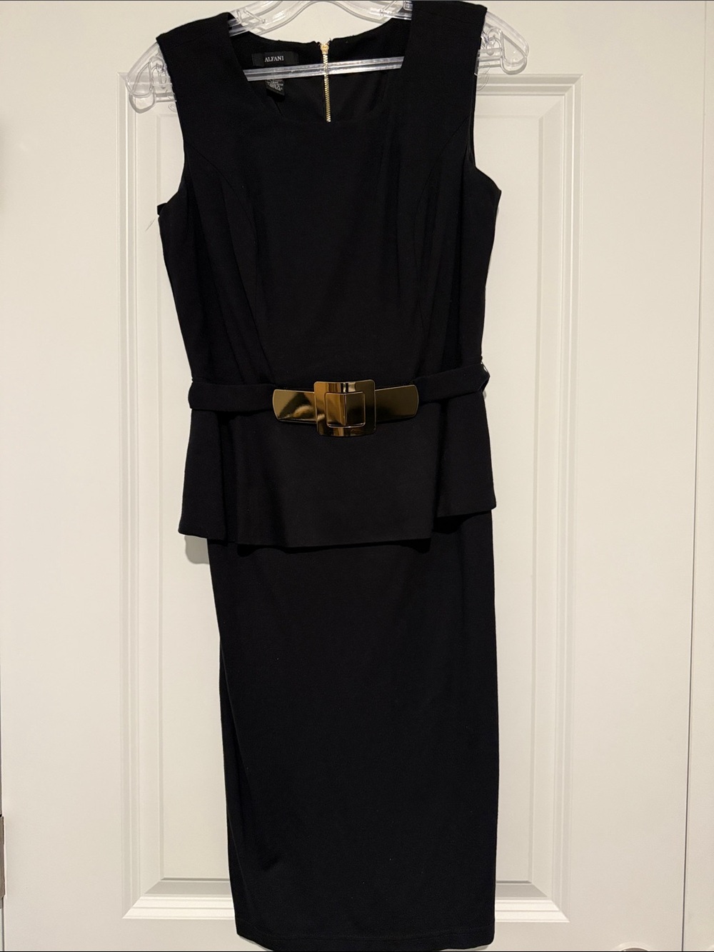 Alfani Black Sleeveless Peplum Midi Dress with Gold Buckle